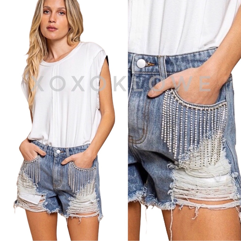 Sparkle Embellished Fringe Distressed Denim Shorts - Picture 1 of 15